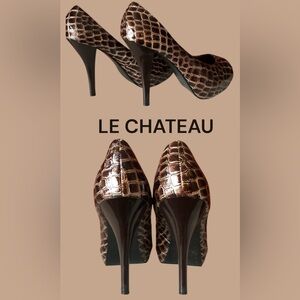 👛 (ANY 2/$25) LE CHATEAU Open Toed, Brown Raised Pattern 4” Stilettos 7.5